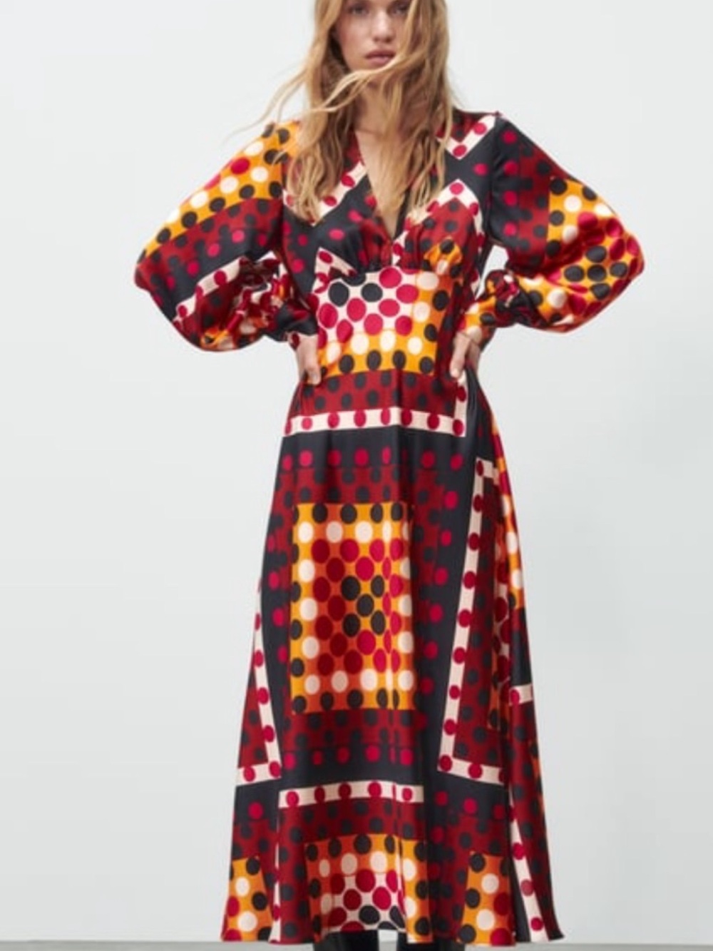 Zara Polka Dot Midi Dress in Red, Black & Gold